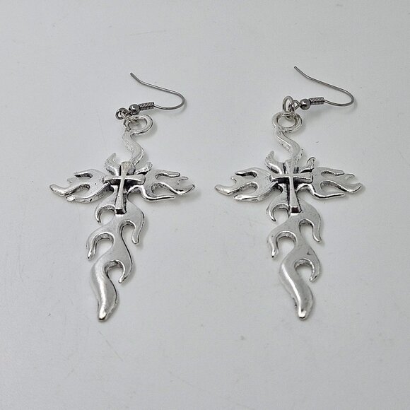 Fire Cross Gothic Large Size Dangling Earrings Jewelry - Picture 2 of 3